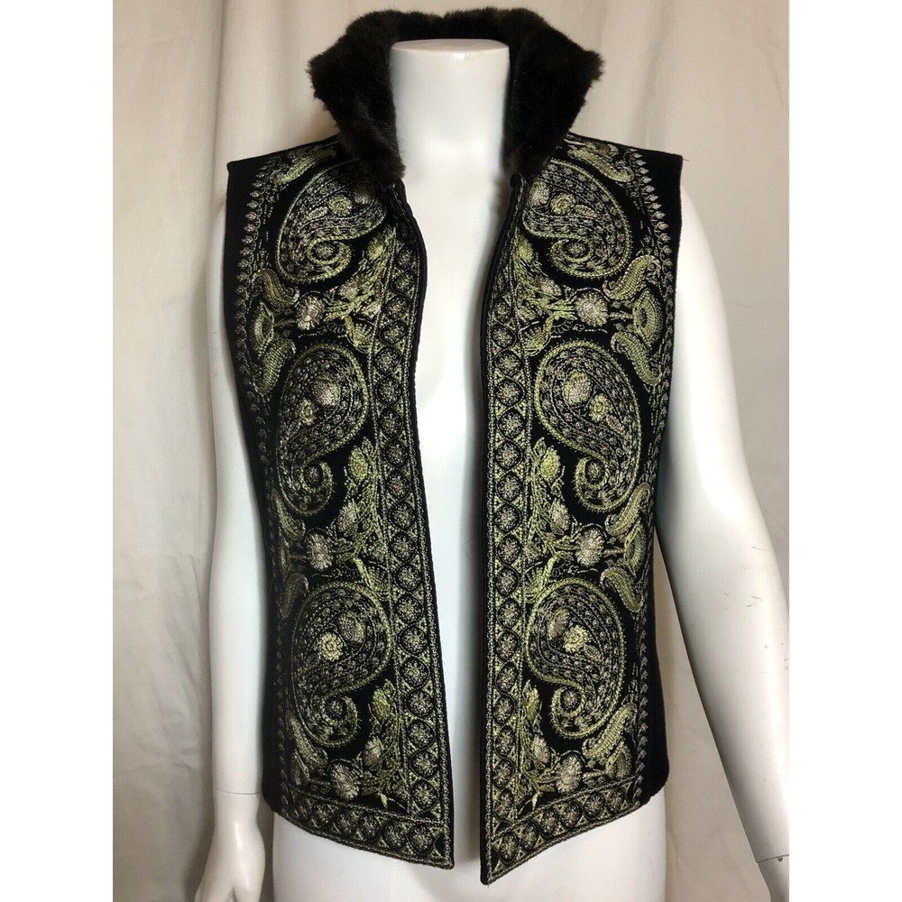 LINDA ALLARD ELLEN TRACY Wool Vest Embroidered Black Faux Fur Collar Small